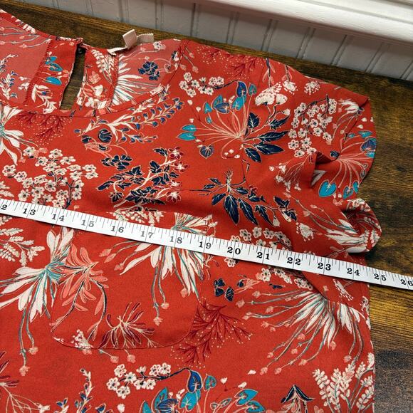 Meraki Womens Plus Size 2X Blouse Fall Floral Orange Top Cap Sleeve Keyhole Neck - Picture 5 of 11